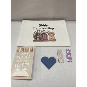 Women's Book Theme "Shhh... I Am Reading" White Zipper Cosmetic Bag w Accessorie